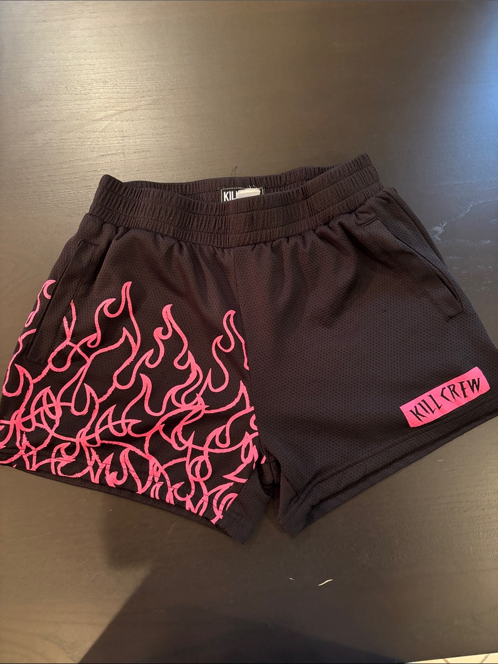 Kill Crew Black Shorts with Hot Pink Flame Design Mens Medium